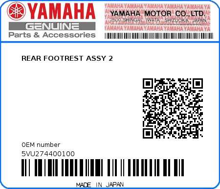 Product image: Yamaha - 5VU274400100 - REAR FOOTREST ASSY 2  0
