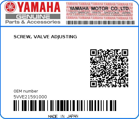 Product image: Yamaha - 5VVE21591000 - SCREW, VALVE ADJUSTING  0
