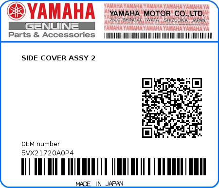 Product image: Yamaha - 5VX21720A0P4 - SIDE COVER ASSY 2 