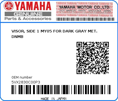 Product image: Yamaha - 5VX2830C00P3 - VISOR, SIDE 1 MY05 FOR DARK GRAY MET. DNMB 