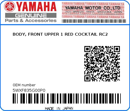 Product image: Yamaha - 5WXF835G00P0 - BODY, FRONT UPPER 1 RED COCKTAIL RC2 