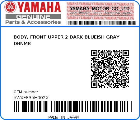 Product image: Yamaha - 5WXF835H002X - BODY, FRONT UPPER 2 DARK BLUEISH GRAY DBNM8 