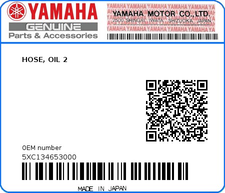 Product image: Yamaha - 5XC134653000 - HOSE, OIL 2 