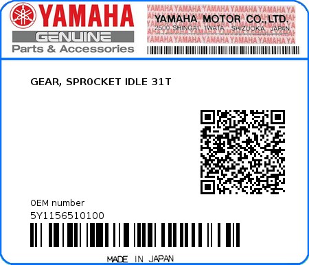 Product image: Yamaha - 5Y1156510100 - GEAR, SPR0CKET IDLE 31T 