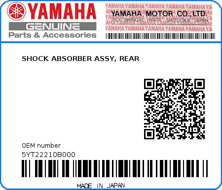 Product image: Yamaha - 5YT22210B000 - SHOCK ABSORBER ASSY, REAR 