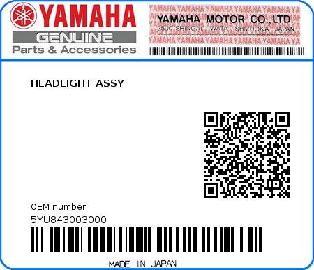 Product image: Yamaha - 5YU843003000 - HEADLIGHT ASSY  0