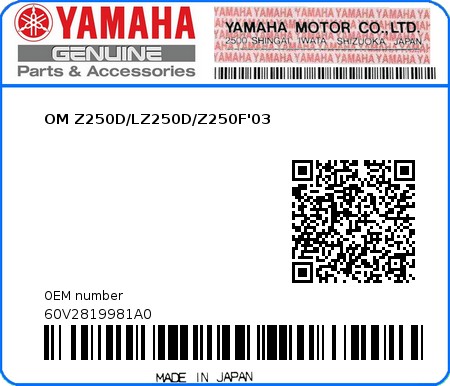 Product image: Yamaha - 60V2819981A0 - OM Z250D/LZ250D/Z250F'03 