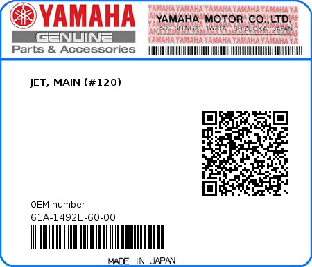 Product image: Yamaha - 61A-1492E-60-00 - JET, MAIN (#120) 