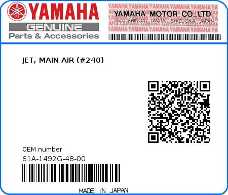 Product image: Yamaha - 61A-1492G-48-00 - JET, MAIN AIR (#240)  0