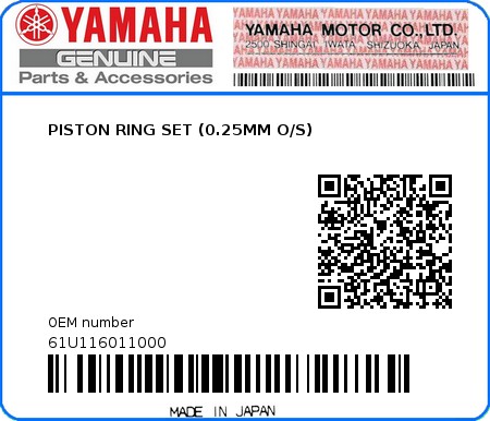 Product image: Yamaha - 61U116011000 - PISTON RING SET (0.25MM O/S) 