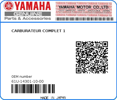 Product image: Yamaha - 61U-14301-10-00 - CARBURATEUR COMPLET 1  0