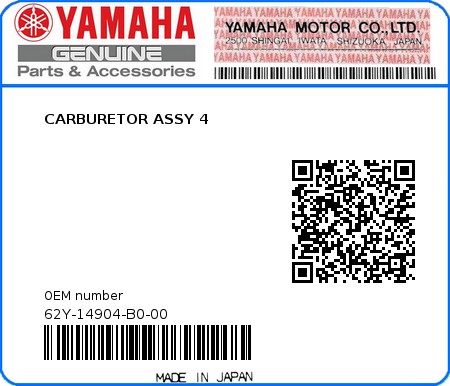 Product image: Yamaha - 62Y-14904-B0-00 - CARBURETOR ASSY 4 