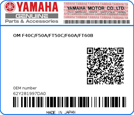 Product image: Yamaha - 62Y281997DA0 - OM F40C/F50A/FT50C/F60A/FT60B 