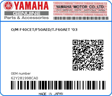 Product image: Yamaha - 62Y281998CA0 - O/M F40CET/F50AED/T.F60AET '03 