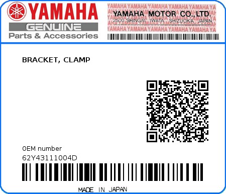 Product image: Yamaha - 62Y43111004D - BRACKET, CLAMP 