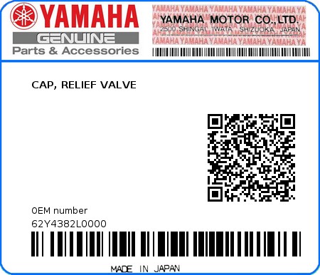 Product image: Yamaha - 62Y4382L0000 - CAP, RELIEF VALVE 