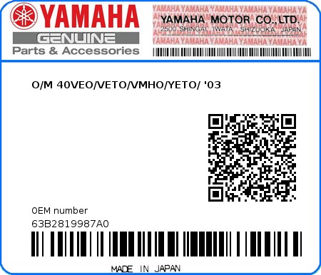 Product image: Yamaha - 63B2819987A0 - O/M 40VEO/VETO/VMHO/YETO/ '03 