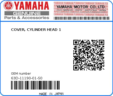 Product image: Yamaha - 63D-11190-01-S0 - COVER, CYLINDER HEAD 1 