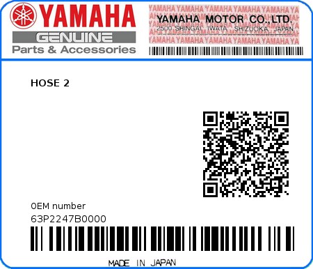 Product image: Yamaha - 63P2247B0000 - HOSE 2  0