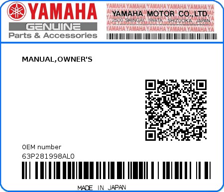 Product image: Yamaha - 63P281998AL0 - MANUAL,OWNER'S 