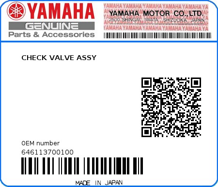 Product image: Yamaha - 646113700100 - CHECK VALVE ASSY 