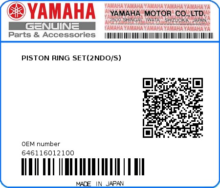 Product image: Yamaha - 646116012100 - PISTON RING SET(2NDO/S) 