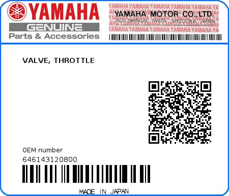 Product image: Yamaha - 646143120800 - VALVE, THROTTLE 