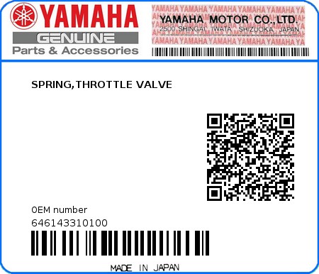 Product image: Yamaha - 646143310100 - SPRING,THROTTLE VALVE 