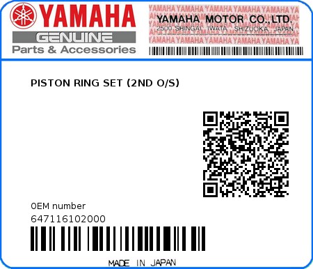 Product image: Yamaha - 647116102000 - PISTON RING SET (2ND O/S) 