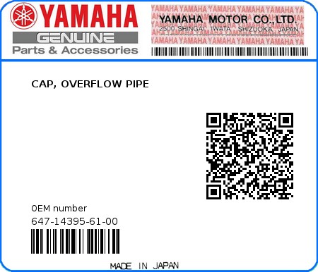 Product image: Yamaha - 647-14395-61-00 - CAP, OVERFLOW PIPE 