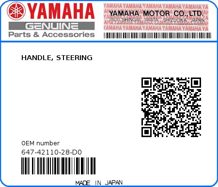 Product image: Yamaha - 647-42110-28-D0 - HANDLE, STEERING 