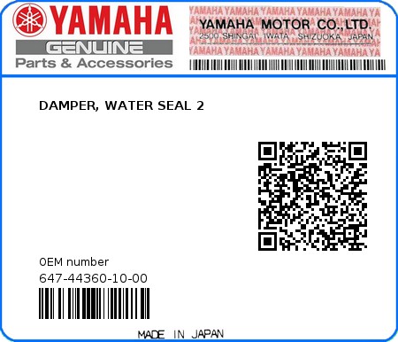 Product image: Yamaha - 647-44360-10-00 - DAMPER, WATER SEAL 2 