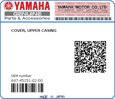 Product image: Yamaha - 647-45151-02-00 - COVER, UPPER CASING 