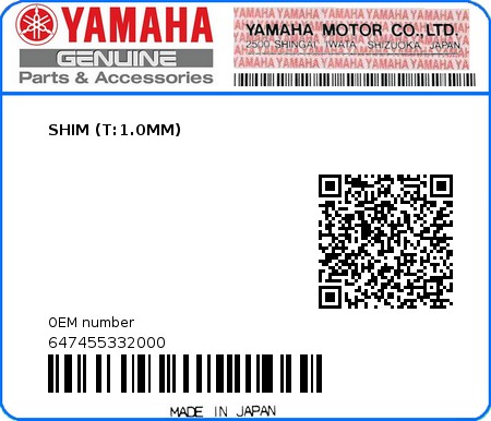 Product image: Yamaha - 647455332000 - SHIM (T:1.0MM) 