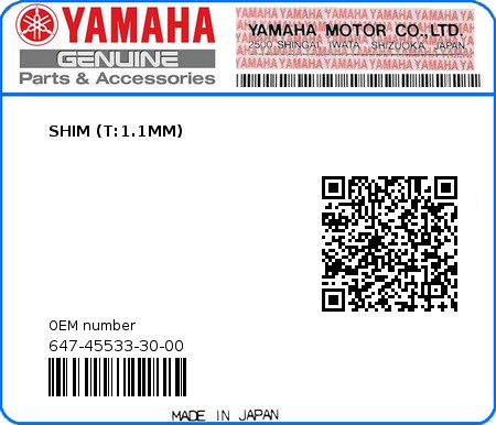 Product image: Yamaha - 647-45533-30-00 - SHIM (T:1.1MM)  0