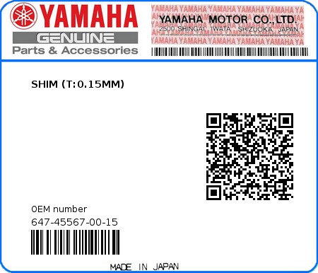 Product image: Yamaha - 647-45567-00-15 - SHIM (T:0.15MM) 