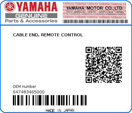 Product image: Yamaha - 647483465000 - CABLE END, REMOTE CONTROL 