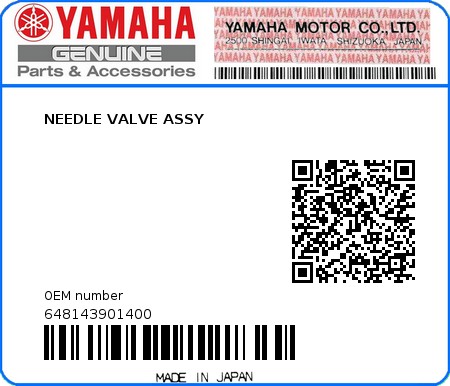 Product image: Yamaha - 648143901400 - NEEDLE VALVE ASSY 