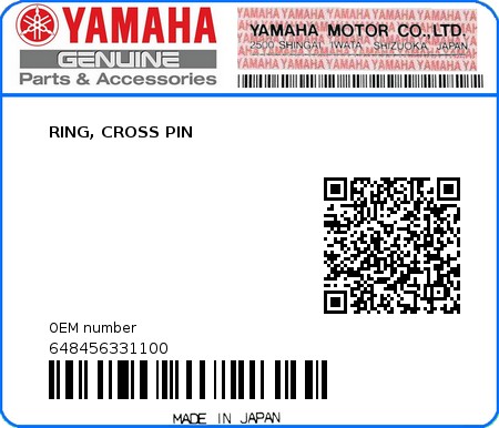 Product image: Yamaha - 648456331100 - RING, CROSS PIN 