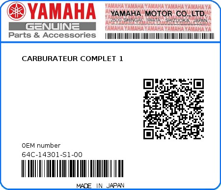 Product image: Yamaha - 64C-14301-S1-00 - CARBURATEUR COMPLET 1 