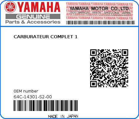 Product image: Yamaha - 64C-14301-S2-00 - CARBURATEUR COMPLET 1  0