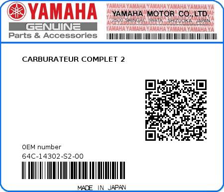 Product image: Yamaha - 64C-14302-S2-00 - CARBURATEUR COMPLET 2 