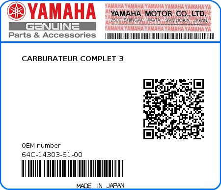 Product image: Yamaha - 64C-14303-S1-00 - CARBURATEUR COMPLET 3 