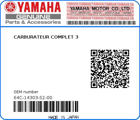 Product image: Yamaha - 64C-14303-S2-00 - CARBURATEUR COMPLET 3 