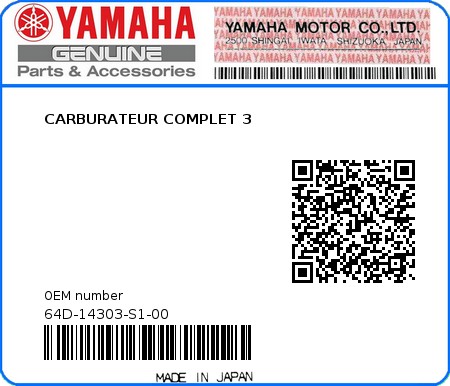 Product image: Yamaha - 64D-14303-S1-00 - CARBURATEUR COMPLET 3 