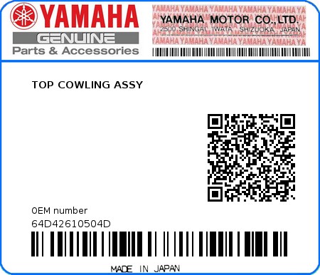 Product image: Yamaha - 64D42610504D - TOP COWLING ASSY 