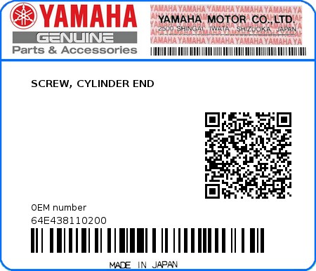 Product image: Yamaha - 64E438110200 - SCREW, CYLINDER END  0