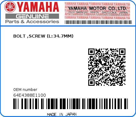 Product image: Yamaha - 64E4388E1100 - BOLT ,SCREW (L:34.7MM) 