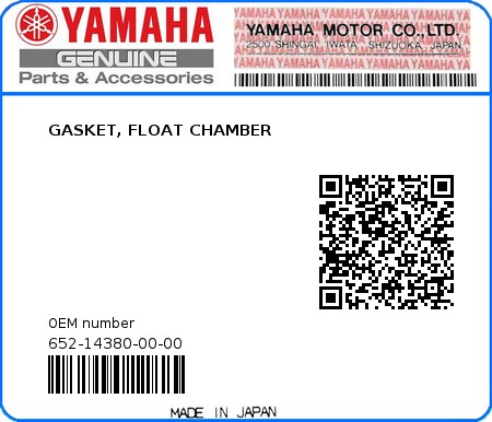 Product image: Yamaha - 652-14380-00-00 - GASKET, FLOAT CHAMBER 