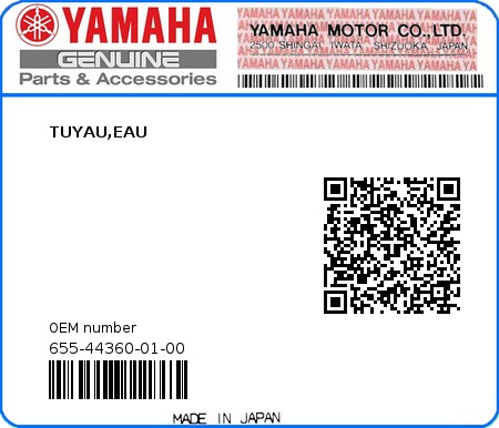 Product image: Yamaha - 655-44360-01-00 - TUYAU,EAU 